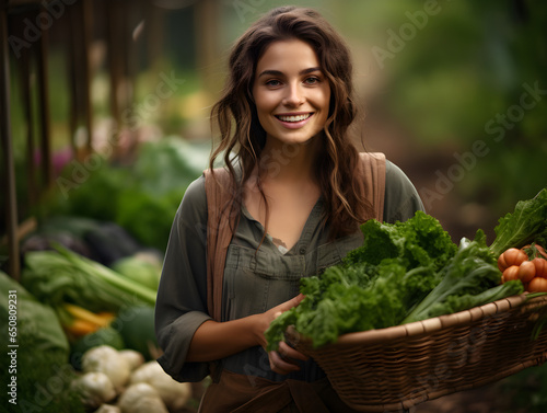 young farmer from small village stand in vegetable garden with baskets full of vegetables