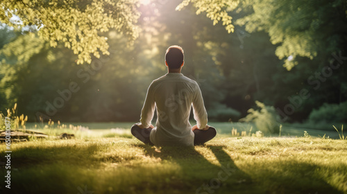 Man finding inner peace, meditating amidst the green serenity of a peaceful park