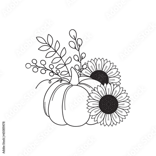 Pumpkins with sunflowers doodle Illustration. Outline Pumpkin arrangement hand drawn illustration. Coloring page with pumpkins. Thanksgiving Pumpkins