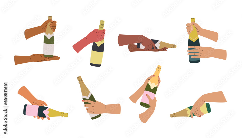 Human hands of different nationalities holding various champagne bottles. Set of hand serving champagne. Concept of party, holiday or degustation