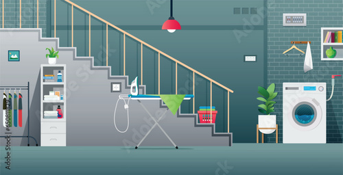 Basement storage room with washing machine and iron.