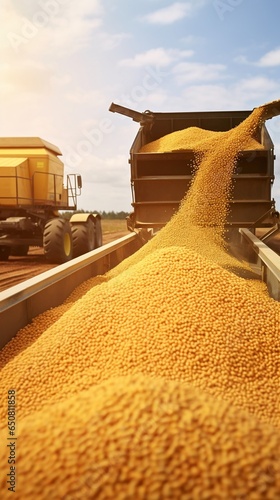 Harvesting and storage of soybeans. Machines that store soy beans in a truck.