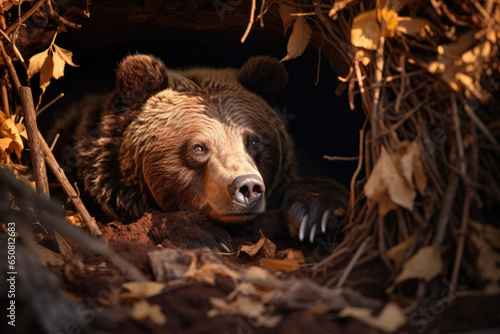 Bear emerging from its den after a long winter's hibernation photo