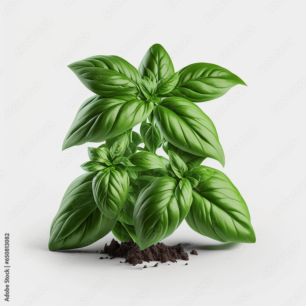 Branch and leaves of basil plant isolate on white background. Generative AI, - obrazy, fototapety, plakaty 