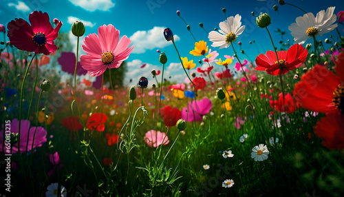 Colorful flower meadow in spring. Generative AI 