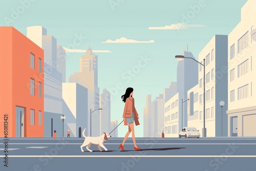 Anime illustration of a girl walking her dog in the city photo