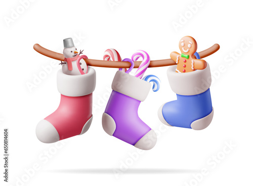 3D Christmas Stocking on Rope, Color Sock. Render Christmas Cloth Socks with Candycane, Snowman, Gingerbread Man. Hanging Holiday Decorations. New Year Xmas Celebration. Realistic Vector Illustration