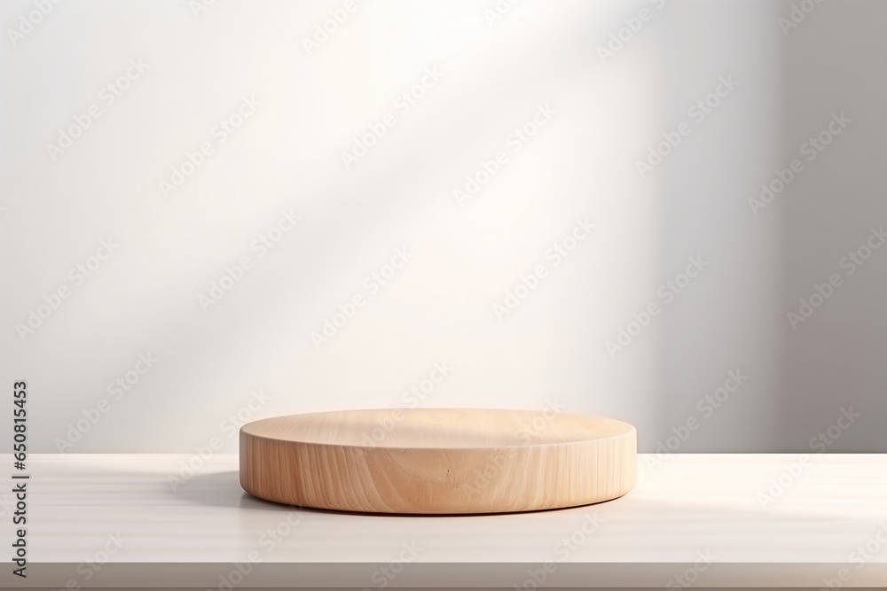 Empty wooden pedestal on kitchen table before white brick wall Empty wooden pedestal on kitchen table before white brick wall