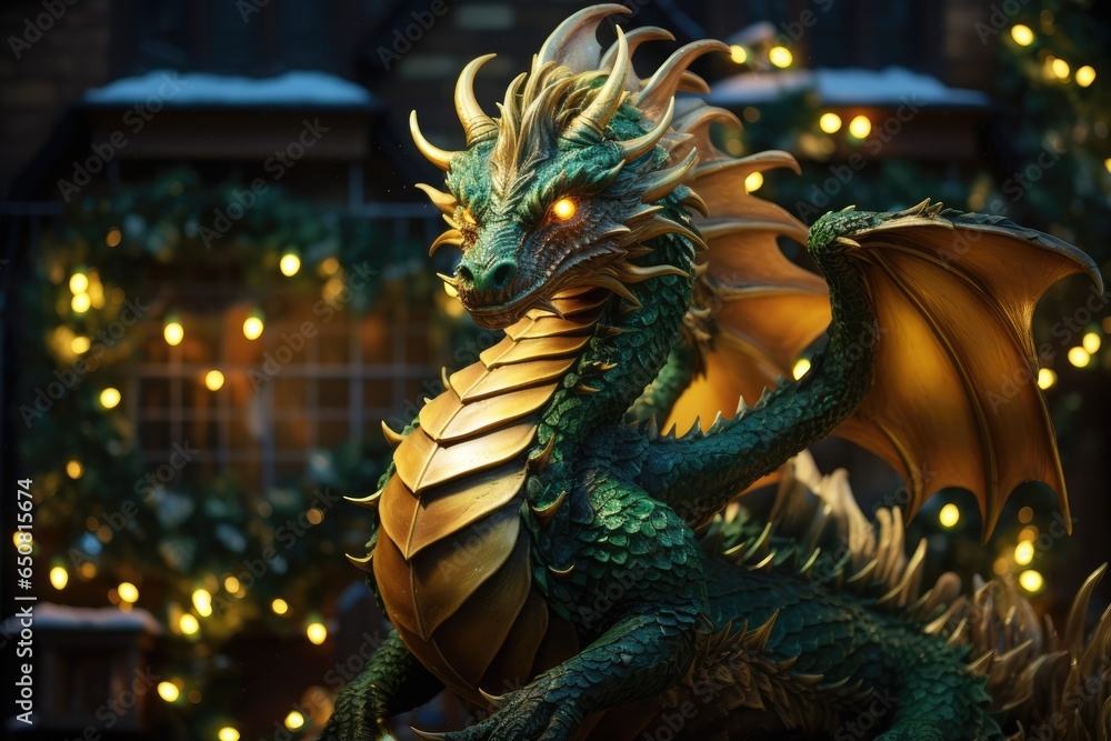Fototapeta premium The symbol of 2024 is a green dragon with a gift. postcard