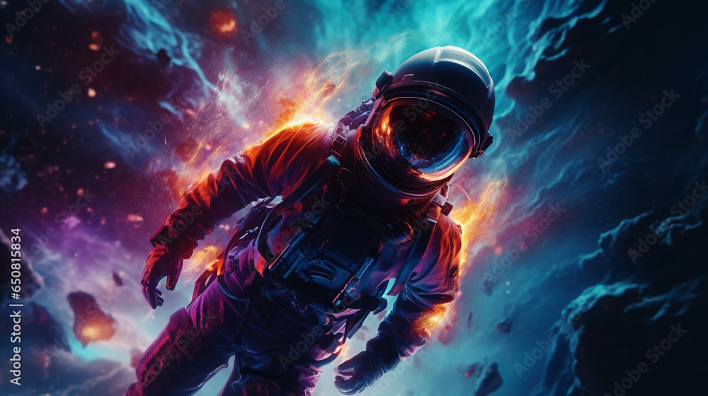 astronaut and galaxy storm vortex, neon painting dark galaxy bacground