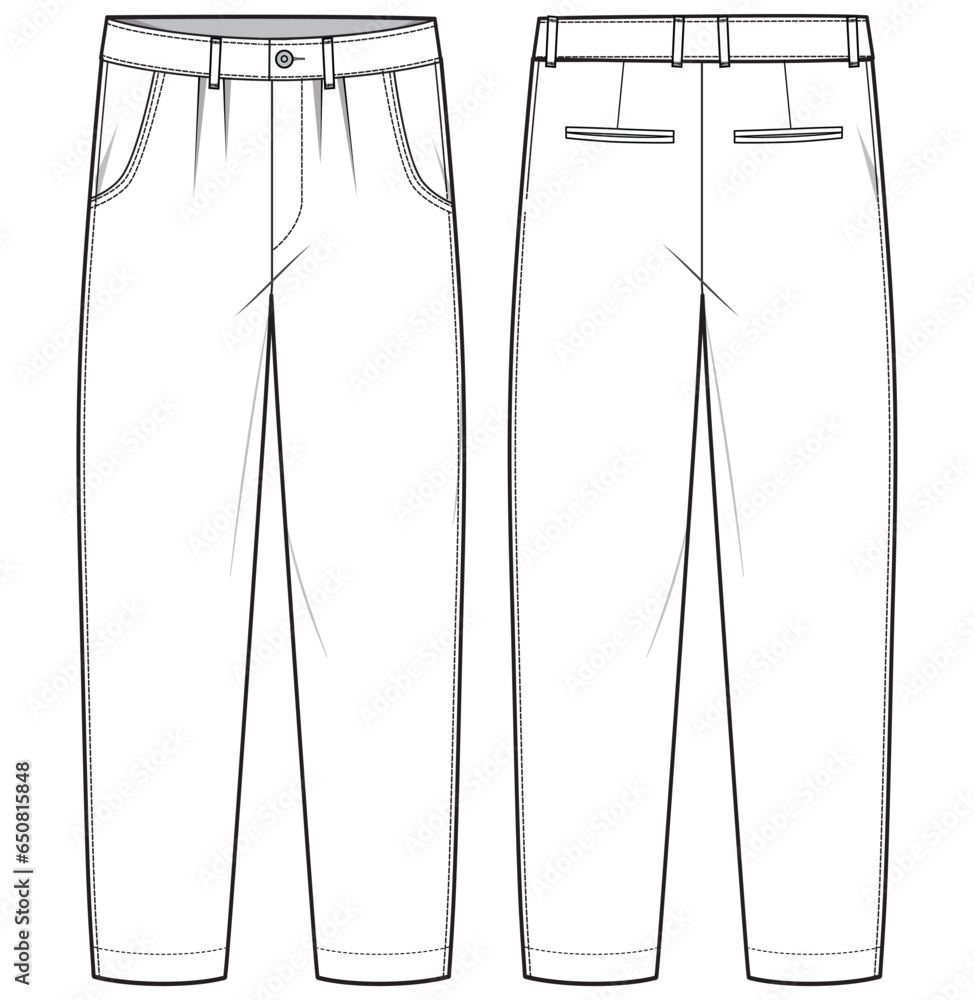 Men's Casual chino trouser pant front and back view flat sketch fashion illustration cad drawing, slim fit denim jeans pants vector template - obrazy, fototapety, plakaty 
