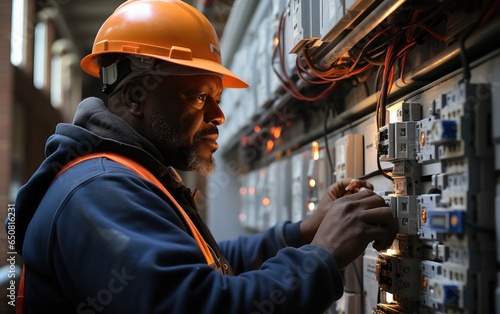 An electrician working on a electrical power socket on a building site. Generative AI