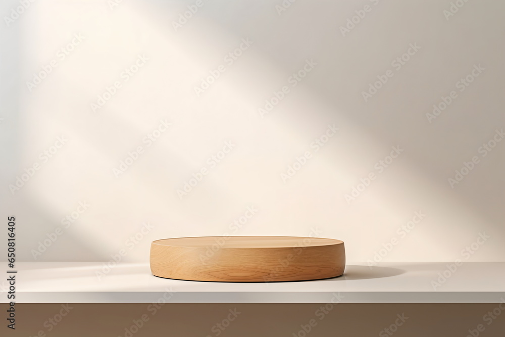 Empty wooden pedestal on kitchen table before white brick wall Empty wooden pedestal on kitchen table before white brick wall
