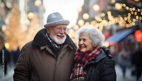 Senior couple having enjoying life in Christmas market. City street, bokeh lights in the background.