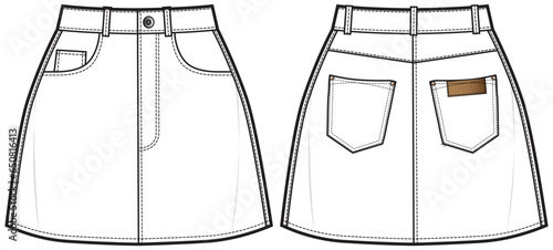 Women's mini Denim Skirt flat sketch fashion illustration drawing with front and back view