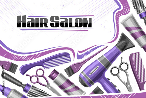 Vector template for Hair Salon with blank copy space for text, decorative ad voucher with illustration of various hair stylist equipment, purple colored beauty tools for hair salon on white background