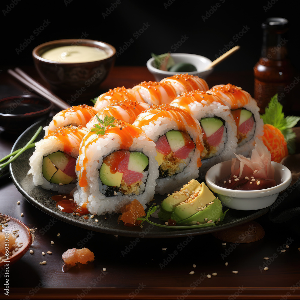 Sushi, maki, nori roll set with rice, cucumber, salmon, avocado, unagi, tuna. Healthy fresh fast food. Healthy fast food sushi shop, restaurant, cafe. Sushi, maki, nori roll set with rice, cucumber, salmon, avocado, unagi, tuna. Healthy fresh fast food. Healthy fast food sushi shop, restaurant, cafe.