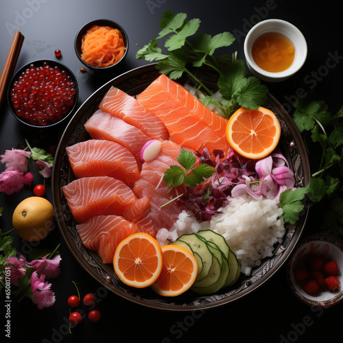 Plate full of fresh sliced fish, salmon, tuna decorated with caviar, lemon, herbs. Dark round plate Top view