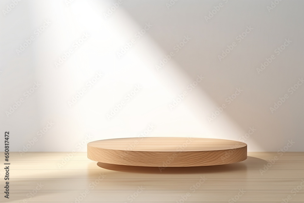 Empty wooden pedestal on kitchen table before white brick wall Empty wooden pedestal on kitchen table before white brick wall