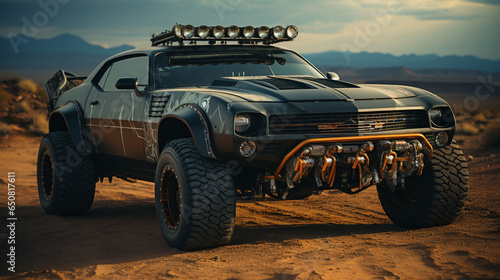 Muscle Car Roaming the Post-Apocalyptic Desert Wasteland