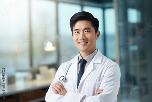 Handsome male doctor in white coat at hospital background. Generative AI