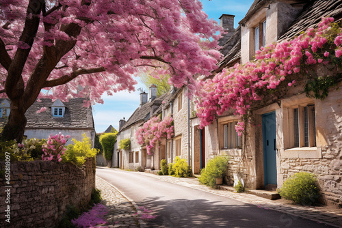 photo of a serene village lane, lined with charming cottages and framed by blossoming trees, evoking a sense of peace and simplicity