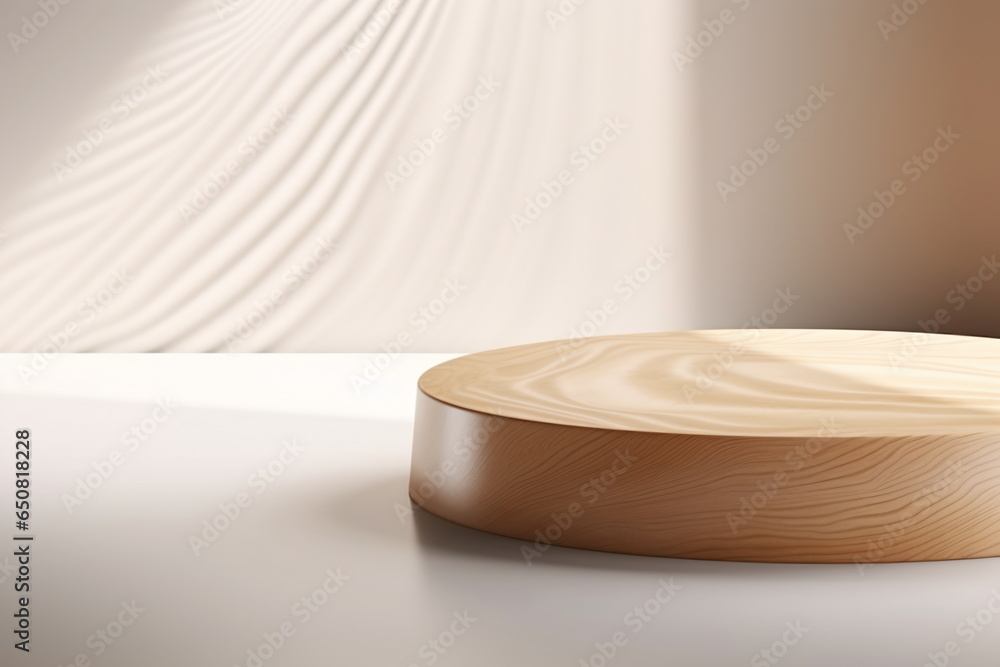 Empty wooden pedestal on kitchen table before white brick wall Empty wooden pedestal on kitchen table before white brick wall