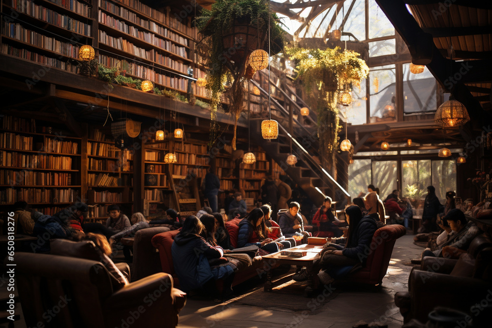 photo featuring a cozy village library with bookshelves, comfortable reading nooks, and villagers engrossed in books, promoting a love for literature and learning in rural areas - obrazy, fototapety, plakaty 