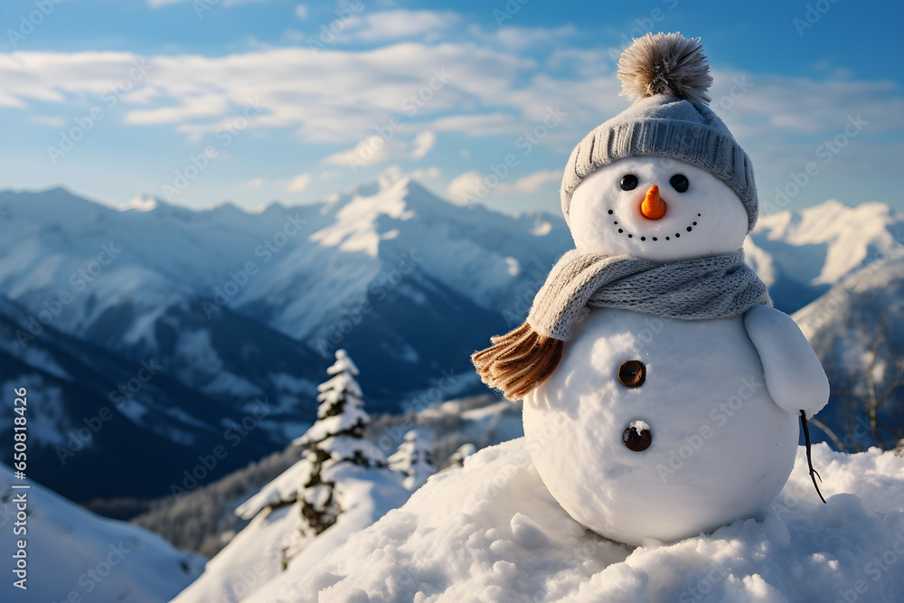 Obraz premium Snowman standing on the top of mountain, Merry Christmas