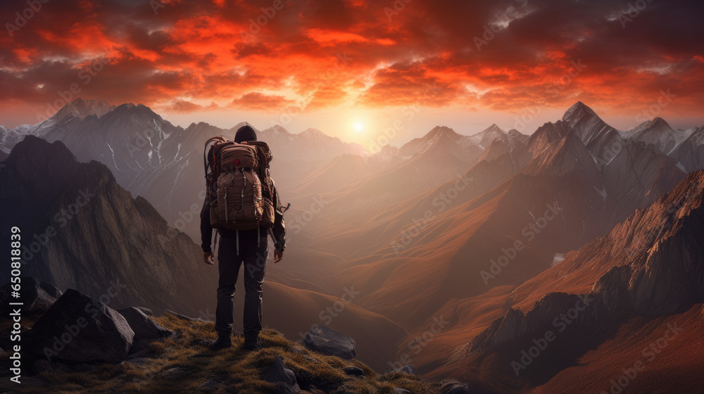 hiker looking at sunset with backpack,a man hikers on top of a mountain at sunset or sunrise.