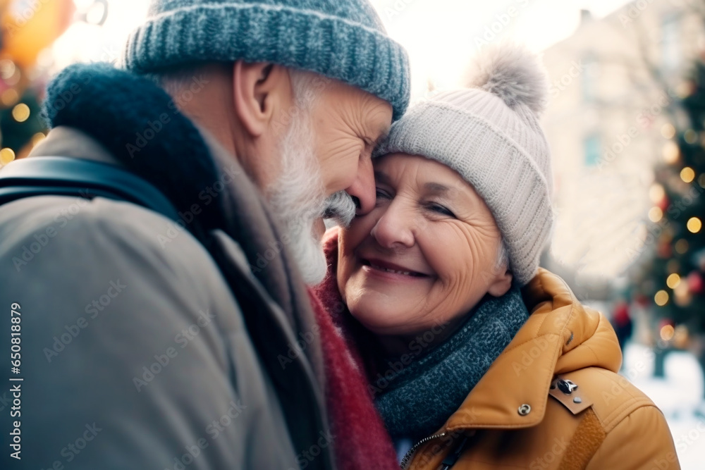 happy senior man and woman hugging outdoors in winter next to Christmas tree happy senior man and woman hugging outdoors in winter next to Christmas tree