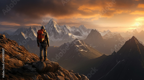 hiker looking at sunset with backpack,a man hikers on top of a mountain at sunset or sunrise. © kiatipol