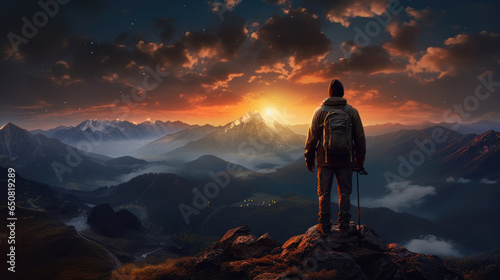 a man climbing a large mountain at sunset. Silhouette and leadership concept, outdoors on top of a mountain,A man standing on rock on a mountain