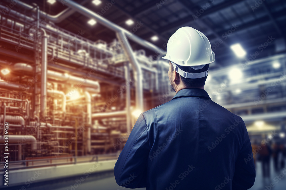 Technician engineer in front of factory plant. Generative AI Technician engineer in front of factory plant. Generative AI