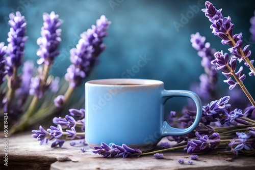 mockup of a baby blue coffee mug  on a weathered stone surface background  surrounded by lavender blossoms