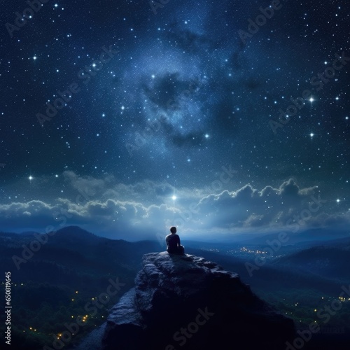 Silhouette of man sitting on top of mountain and looking at night sky.