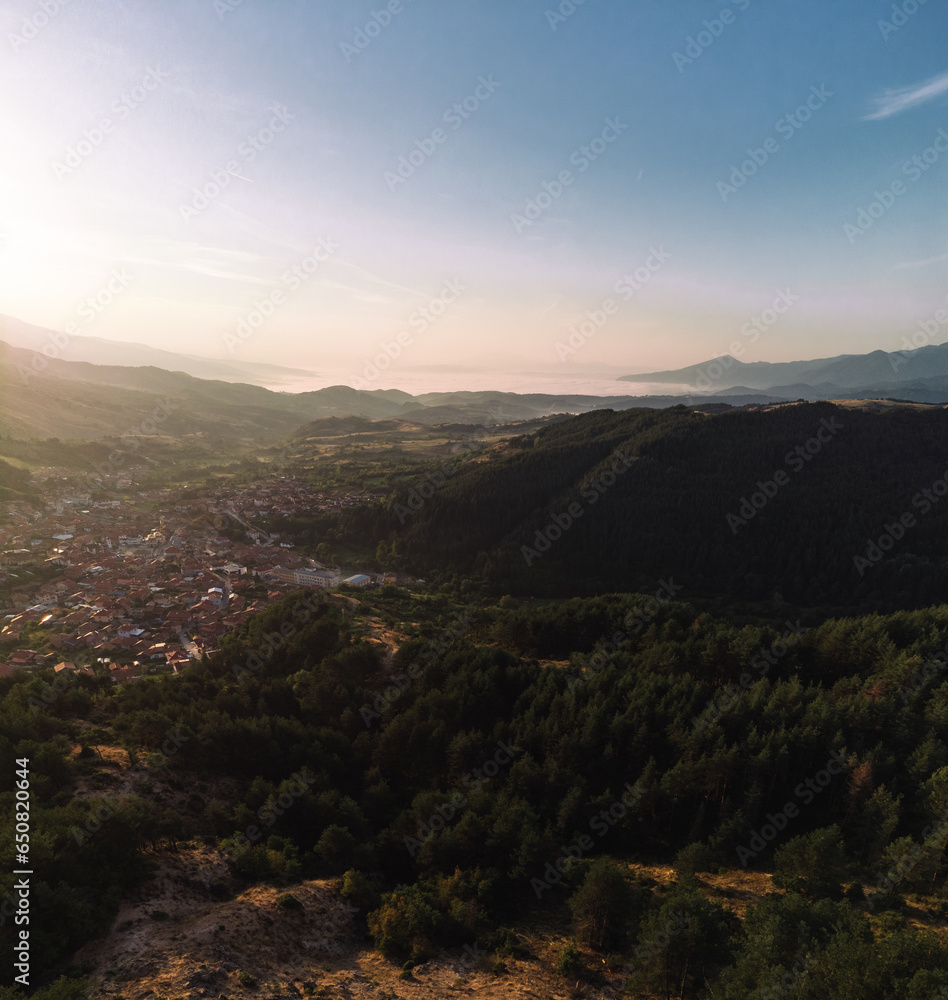 Epic vertical panorama landscape with a drone above Breznitsa, Bulgaria.