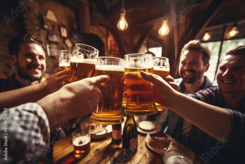 Group of friends clinking beer glasses in a lively pub