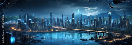 Futuristic blue cityscape over the river at blue hour sunset 