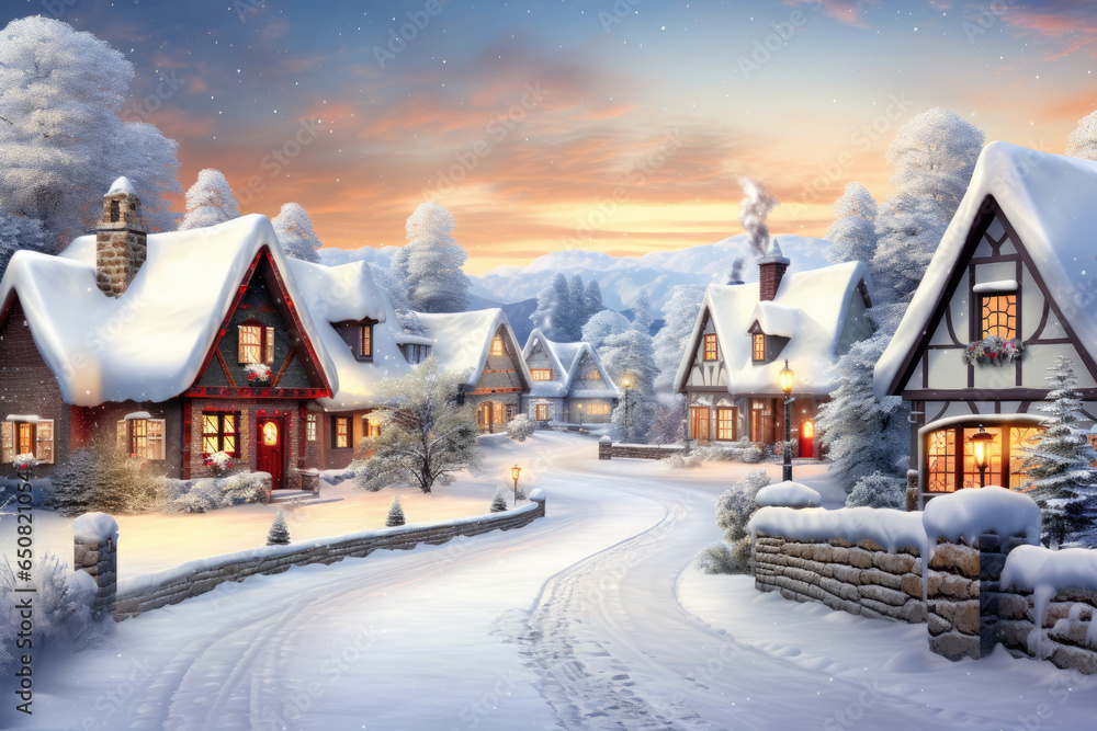 Winter village scene with quaint cottages covered in snow