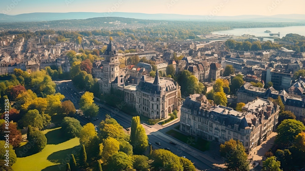 Aerial Panoramic View of Old Pau, France with Boulevard and Castle in the Background. Perfect for Tour Tourism Concept