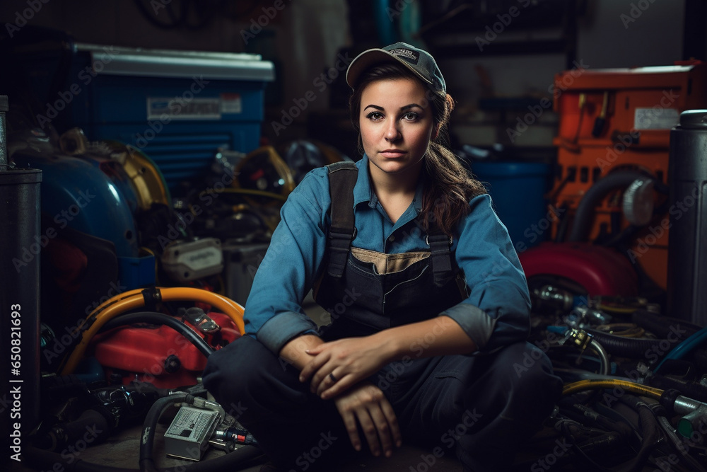 Female professional plumber or electrician at work with tools. Generative AI Female professional plumber or electrician at work with tools. Generative AI