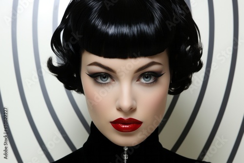 Classic Retro Glamour, Black and White.
A glamorous retro-styled woman with striking makeup and a black outfit against a hypnotic background.