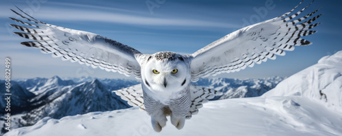 Snowy owl in flight against a backdrop of a pristine snow-covered landscape © thejokercze
