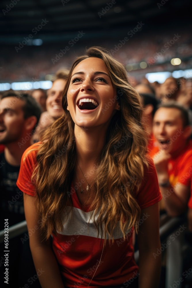 Smiling female soccer fan in crowded stadium in a soccer shirt. Generative AI Smiling female soccer fan in crowded stadium in a soccer shirt. Generative AI