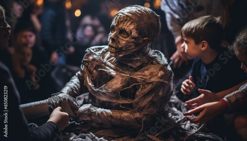 Photo of a group of people admiring a mummy dressed child in a public space at halloween