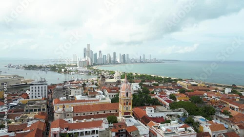 Amazing aerial view of historical buildings in the Old Town of Cartagena at morning, Cartagena de Indias, Bolivar Department, Colombia. 2023 photo