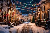 A snowy street with houses decorated with colorful Christmas lights and decorations.