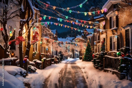 A snowy street with houses decorated with colorful Christmas lights and decorations.