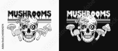 Black and white horizontal label with human skull, mushrooms, stripes, text. Crazy mad skull with single eye and growing through skull mushrooms. Concept of madness. Vintage style.